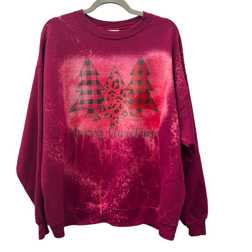 “Merry Christmas” Bleach Dyed Women’s XL Burgundy Crew Neck Sweatshirt